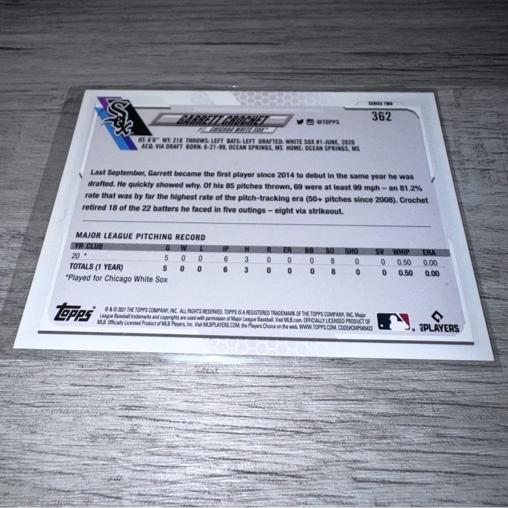 2021 Topps GARRETT CROCHET Employee Edition Rare card #362 CHICAGO WHITE SOX - Picture 4 of 4